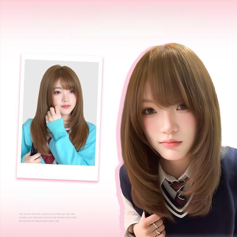 Parochňa s dlhými rovnými vlasmi a šikmými ofinkami, prirodzený vzhľad, model X-129, mechanické spracovanie, vlasy z vysokoteplotného hodvábu