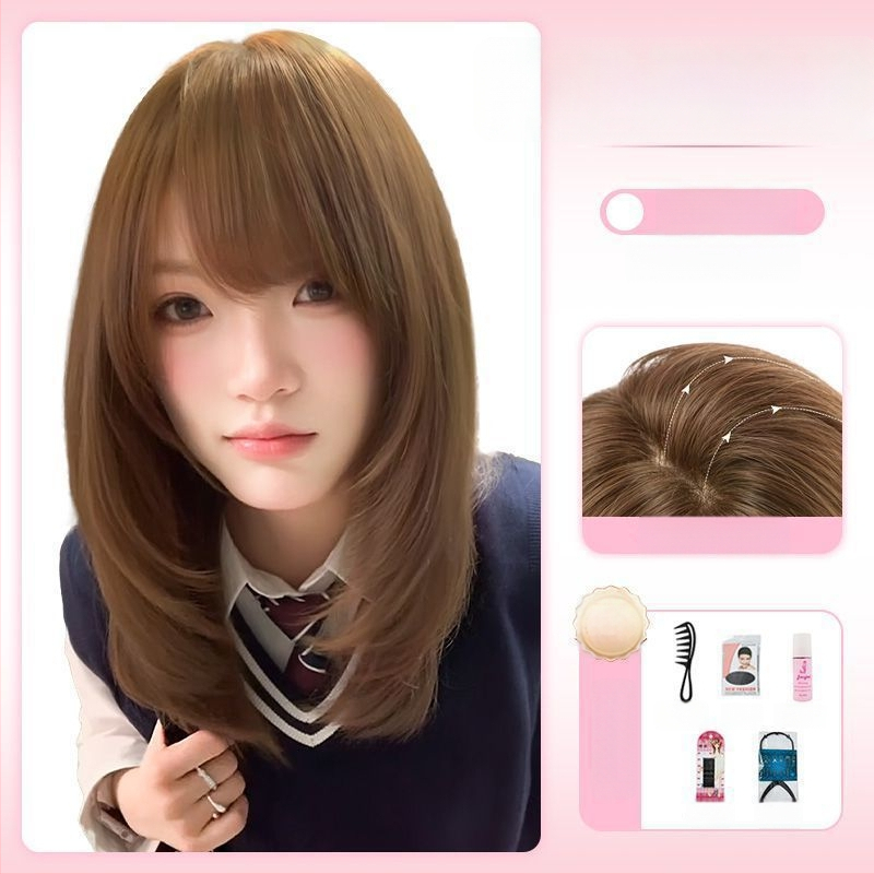 Parochňa s dlhými rovnými vlasmi a šikmými ofinkami, prirodzený vzhľad, model X-129, mechanické spracovanie, vlasy z vysokoteplotného hodvábu