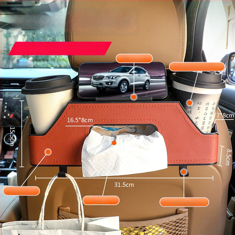 Automobilový zadný sedadlový multifunkčný úložný box – plast + koža, držiak na poháre, krabička na vreckovky a hák, model 3333, prispôsobiteľný, tlač loga