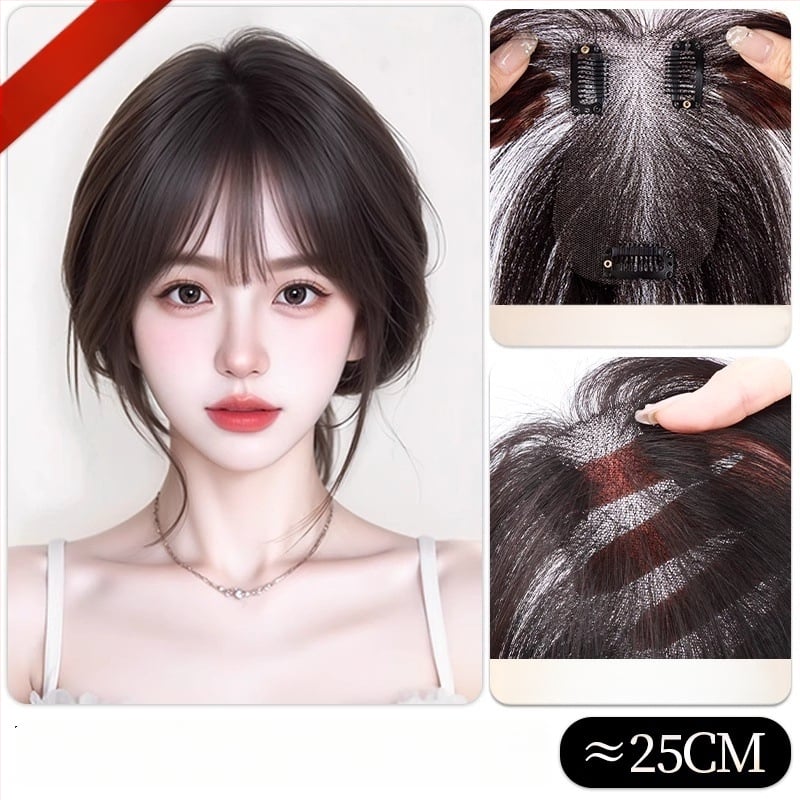 Ľahký bezšvový doplnok vlasov pre ženy, horný pramene vlasov, rovné ofiny, model G8511/G9918, plne ručne tkané, termálne odolné hodvábne vlákno, nie je možné farbiť ani chemicky upravovať