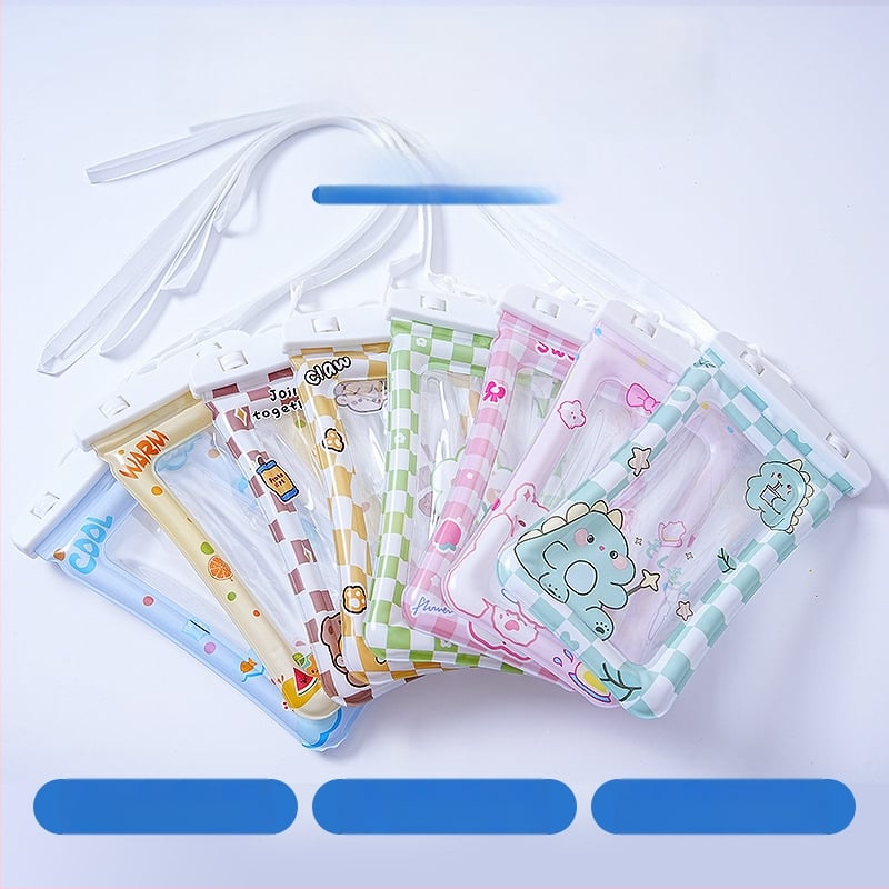 Cartoon vodotesná taška na telefón pre vonkajšie použitie, PVC materiál, pruhovaný vzor, nepremokavá tkanina, kapacita pod 6,5 L