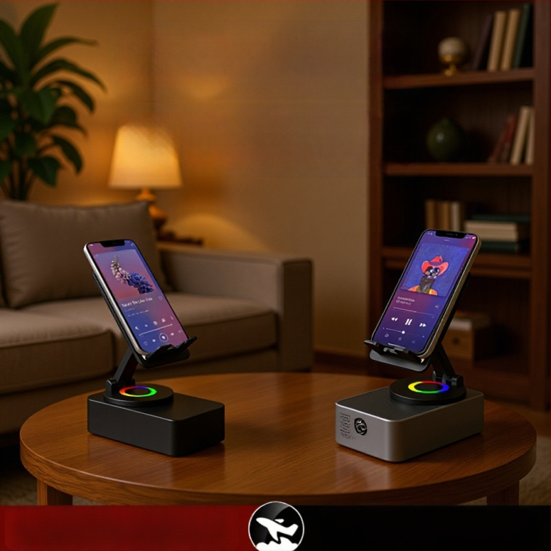 Четири в едно зарядно стойка за таблети/фаблети с вграден безжичен Bluetooth говорител, настолен 360° завъртане; Bluetooth 5.3, 100 Hz–20 kHz, SNR ≥70 dB, 5 W, вградена батерия 1200–2000 mAh