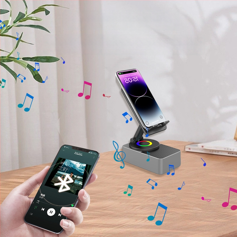 Четири в едно зарядно стойка за таблети/фаблети с вграден безжичен Bluetooth говорител, настолен 360° завъртане; Bluetooth 5.3, 100 Hz–20 kHz, SNR ≥70 dB, 5 W, вградена батерия 1200–2000 mAh