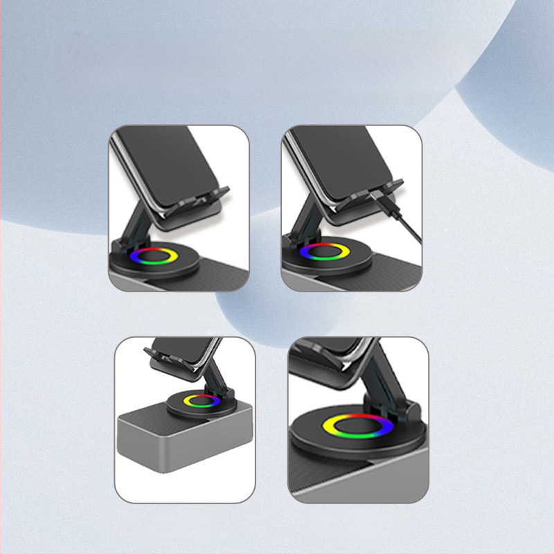 Четири в едно зарядно стойка за таблети/фаблети с вграден безжичен Bluetooth говорител, настолен 360° завъртане; Bluetooth 5.3, 100 Hz–20 kHz, SNR ≥70 dB, 5 W, вградена батерия 1200–2000 mAh