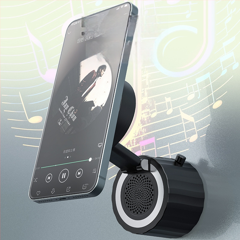 Bluetooth говорител с вградена батерия и магнитен държач за телефон – настолна присоска за бюро, Bluetooth 5.3, обхват 10 м, честотен диапазон 100 Hz–20 kHz