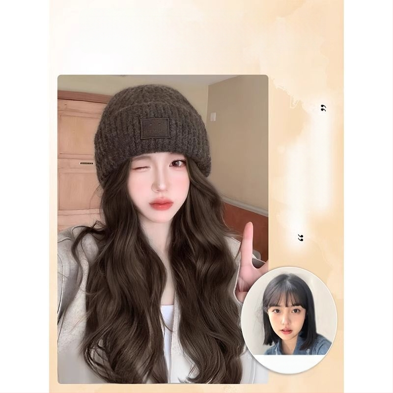 Parochňa s pletenou čiapkou - dlhé kučeravé vlasy s ofinou, prírodný štýl, Upgrade Hair, nie je vhodné pre horúce farbenie