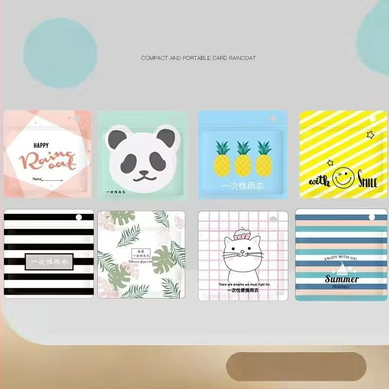 Pončo do dažďa v tvare karty pre dospelých aj deti, kreslený štýl, PE látka 0,03 mm, vodotesná vrstva PE lepidla, prenášateľný vreckový dizajn