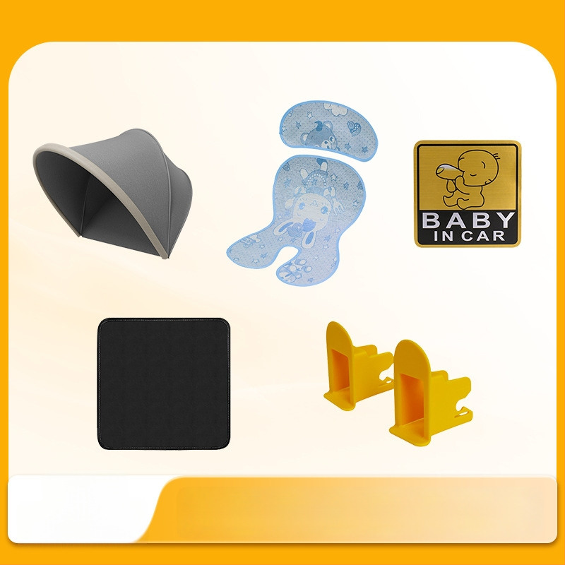 Set príslušenstva k detskému autosedadlu: slnečná clona, protiopotrebná podložka, autokoberček, reflexná nálepka | Značka: Good luck; Materiál: Plast; Pôvod: Ningbo, Zhejiang