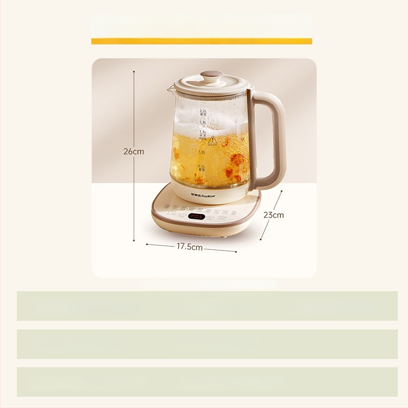 Royalstar Zdravotná kanvička na čaj, 1,5–2 L; telo z borosilikátového skla a vnútorná sklenená nádoba; 220 V, 500–1000 W; dotykové ovládanie s digitálnym termostatom a inteligentnou reguláciou teploty; automatické vypnutie.