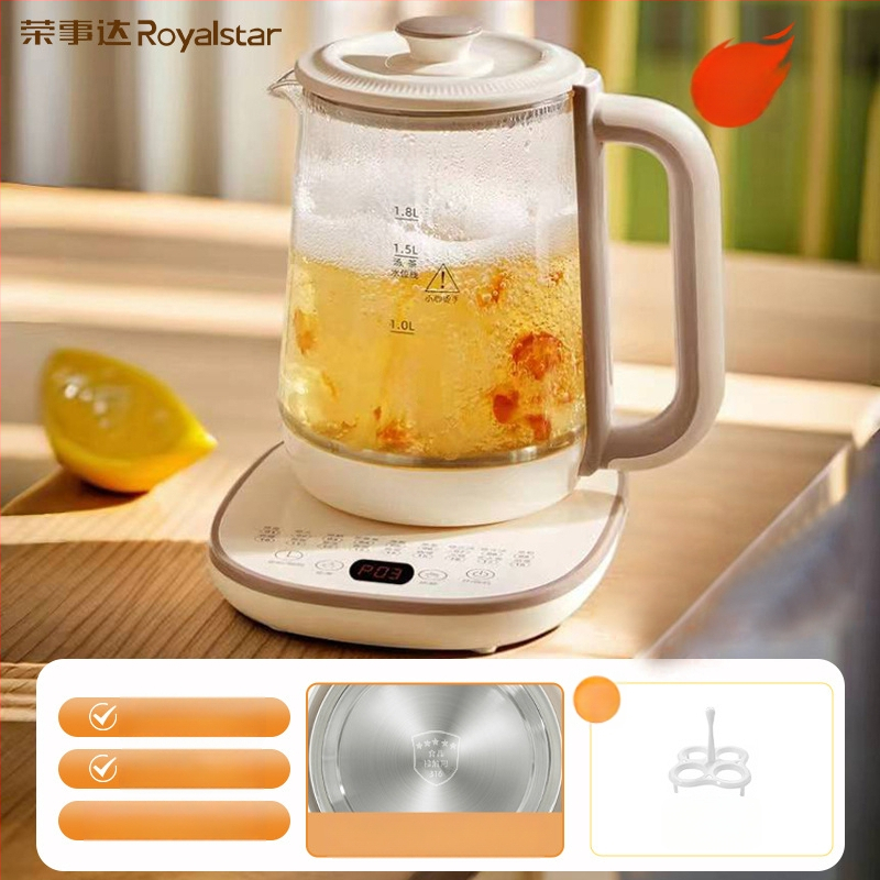 Royalstar Zdravotná kanvička na čaj, 1,5–2 L; telo z borosilikátového skla a vnútorná sklenená nádoba; 220 V, 500–1000 W; dotykové ovládanie s digitálnym termostatom a inteligentnou reguláciou teploty; automatické vypnutie.