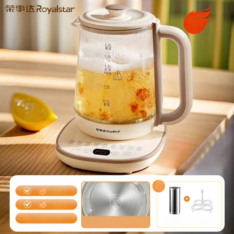 Royalstar Zdravotná kanvička na čaj, 1,5–2 L; telo z borosilikátového skla a vnútorná sklenená nádoba; 220 V, 500–1000 W; dotykové ovládanie s digitálnym termostatom a inteligentnou reguláciou teploty; automatické vypnutie.