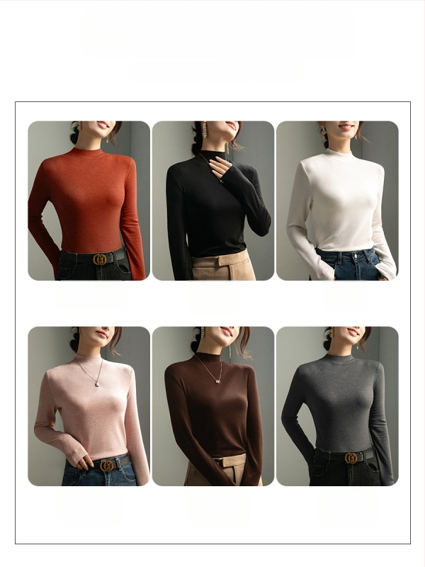 Kootud ühevärviline pikkade varrukatega T-särk stand-up kraega, kitsas lõige