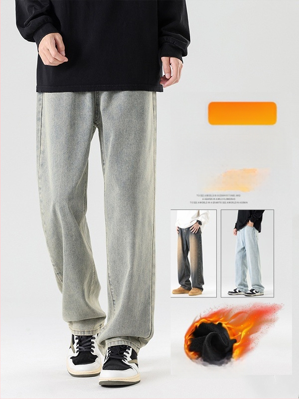 Meeste fliisiga džínid, denimkangast, vaba sirges lõikega, keskmise talje, sügisel-talvel igapäevane riietus