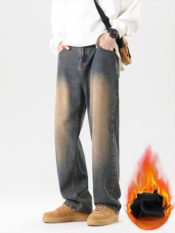 Meeste fliisiga džínid, denimkangast, vaba sirges lõikega, keskmise talje, sügisel-talvel igapäevane riietus