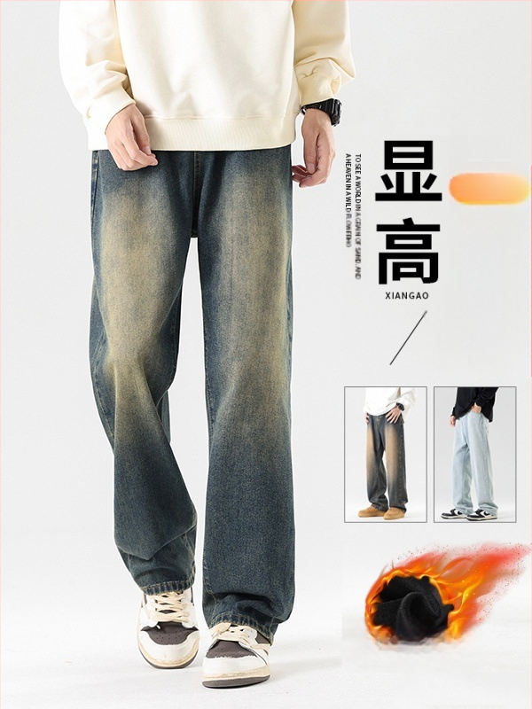 Meeste fliisiga džínid, denimkangast, vaba sirges lõikega, keskmise talje, sügisel-talvel igapäevane riietus