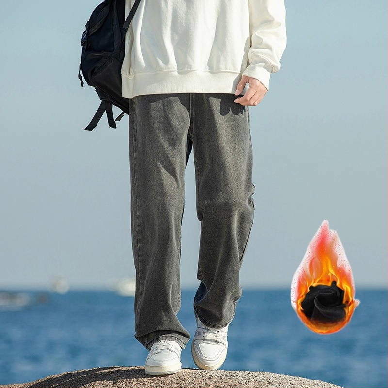 Meeste fliisiga džínid, denimkangast, vaba sirges lõikega, keskmise talje, sügisel-talvel igapäevane riietus