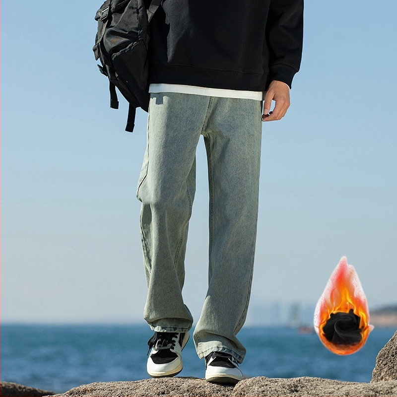 Meeste fliisiga džínid, denimkangast, vaba sirges lõikega, keskmise talje, sügisel-talvel igapäevane riietus