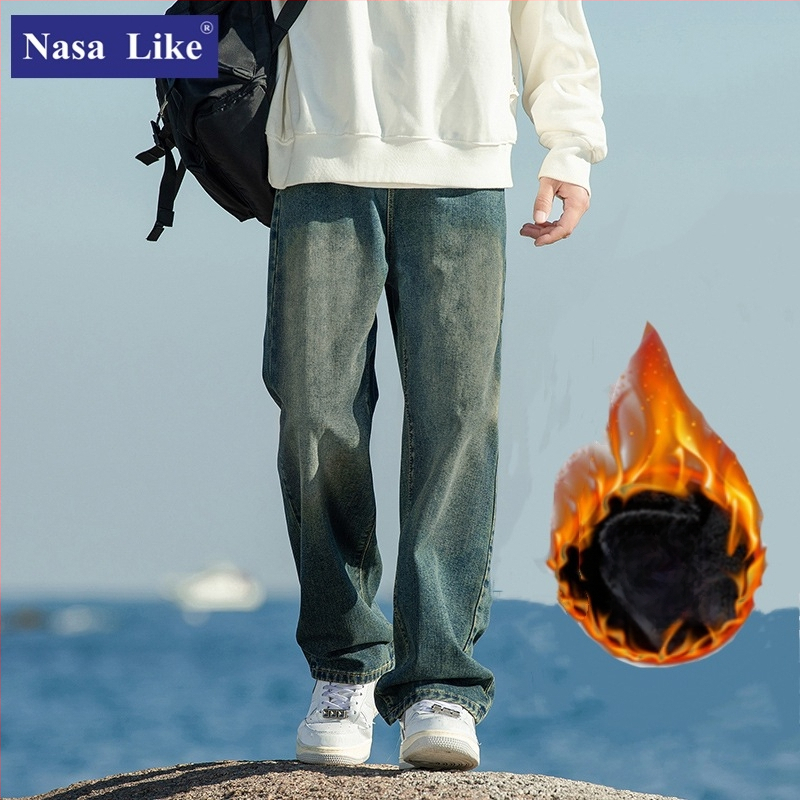 Meeste fliisiga džínid, denimkangast, vaba sirges lõikega, keskmise talje, sügisel-talvel igapäevane riietus