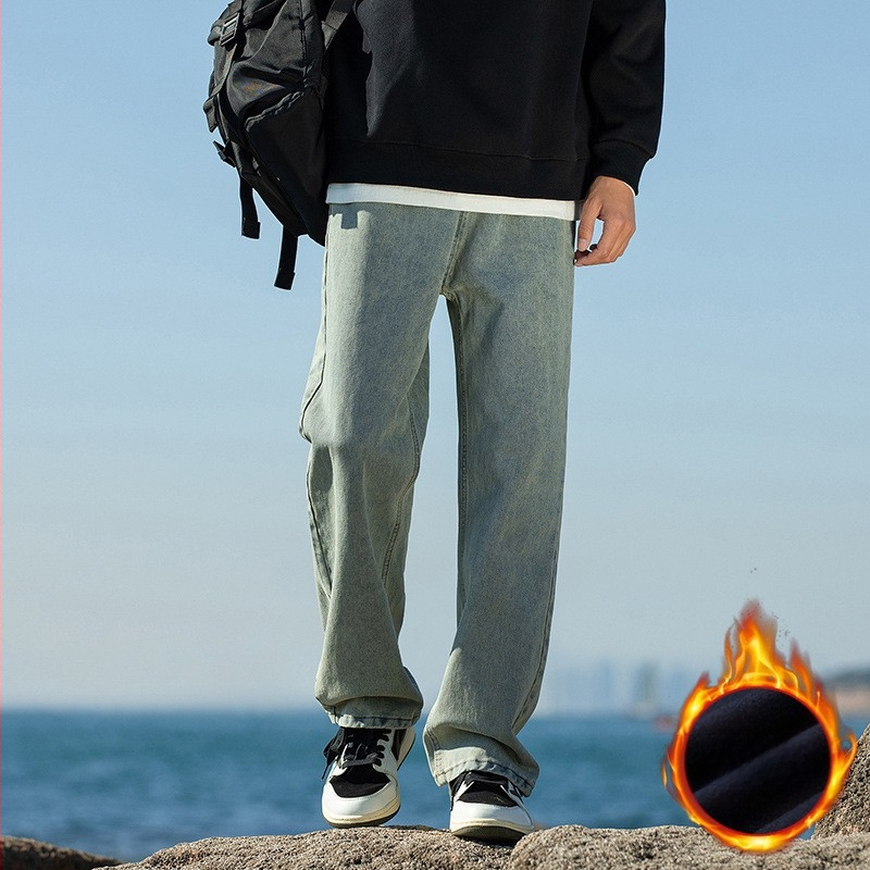 Meeste fliisiga džínid, denimkangast, vaba sirges lõikega, keskmise talje, sügisel-talvel igapäevane riietus