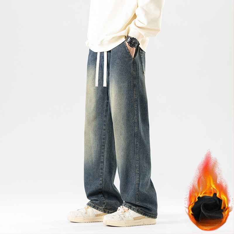 Meeste teksad Korea stiilis, sirge lõige, fliisvooder, puuvill, kõrge vöökoht