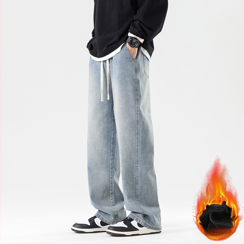 Meeste teksad Korea stiilis, sirge lõige, fliisvooder, puuvill, kõrge vöökoht