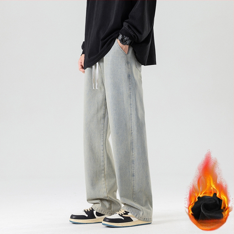 Meeste teksad Korea stiilis, sirge lõige, fliisvooder, puuvill, kõrge vöökoht