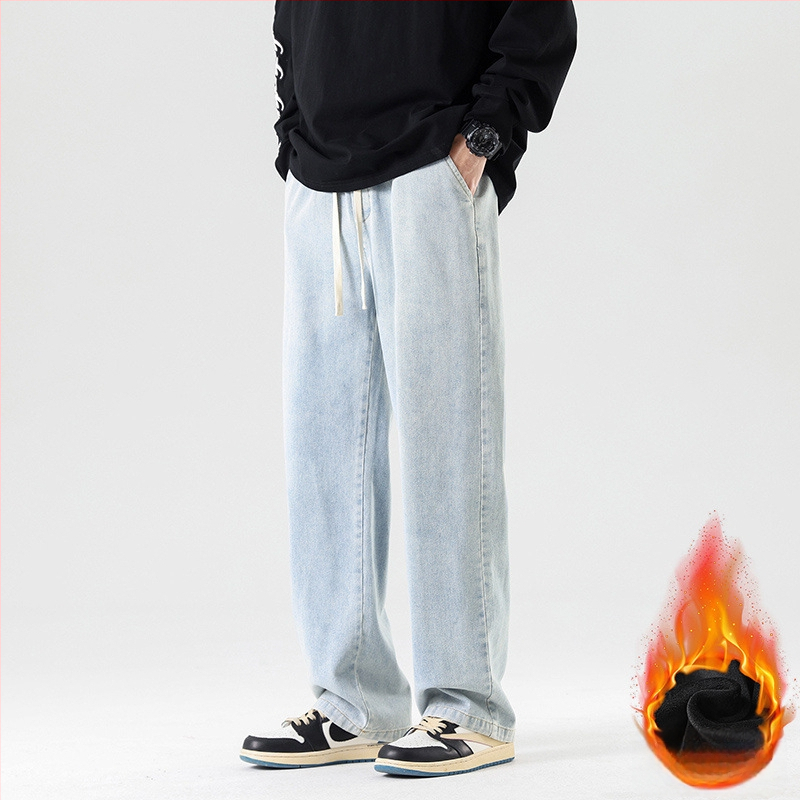 Meeste teksad Korea stiilis, sirge lõige, fliisvooder, puuvill, kõrge vöökoht