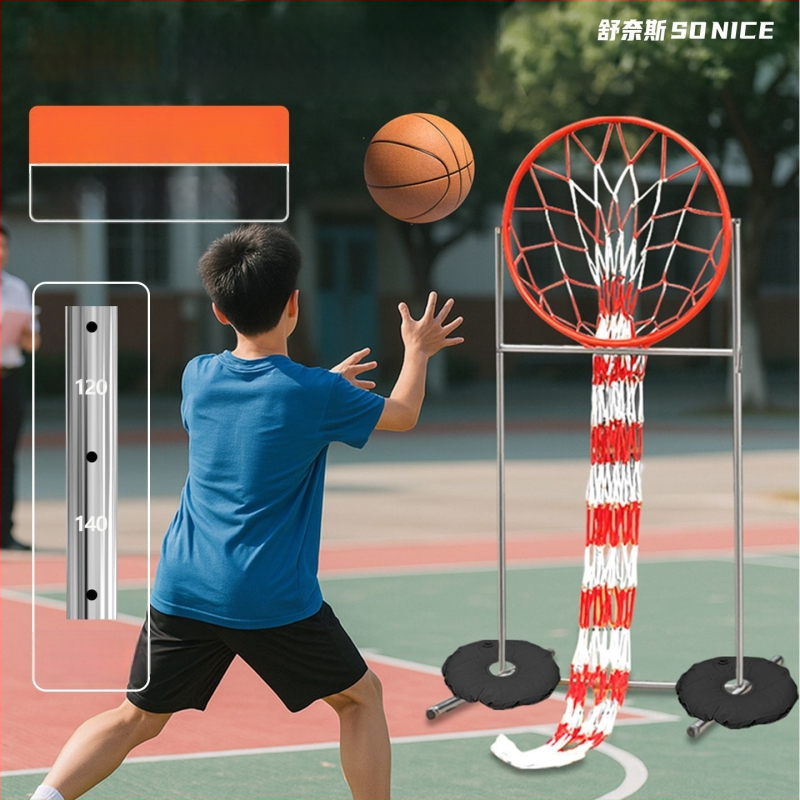 Basketbalový tréner prihrávok s nastaviteľným výškovým rámom a štandardným streleckým kruhom
