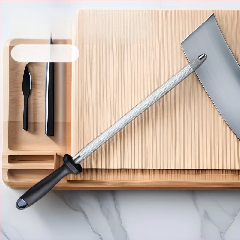 Tyč na ostrenie nožov – nerezová oceľ, ostrenie nástroj, moderný minimalizmus (uvedená v roku 2024)