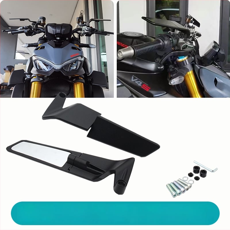 Motocyklové spätné zrkadlo s krídlovým dizajnom – telo z hliníkovej zliatiny, odlievané hliníkové puzdro, štvorcové sklo, ortodontický montážny typ, kompatibilné s NK800, Kawasaki Z900, CB400F, CB650R a KTM cestovnými motocykli