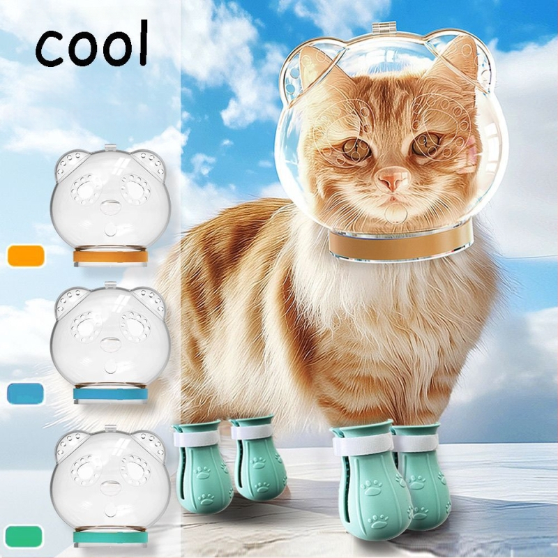 Priehľadný ochranný kryt hlavy pre mačku — proti uhryznutiu, poškriabaniu a bitkám; na kúpanie a strihanie nechtov; materiál: plast; značka Cute and Fun