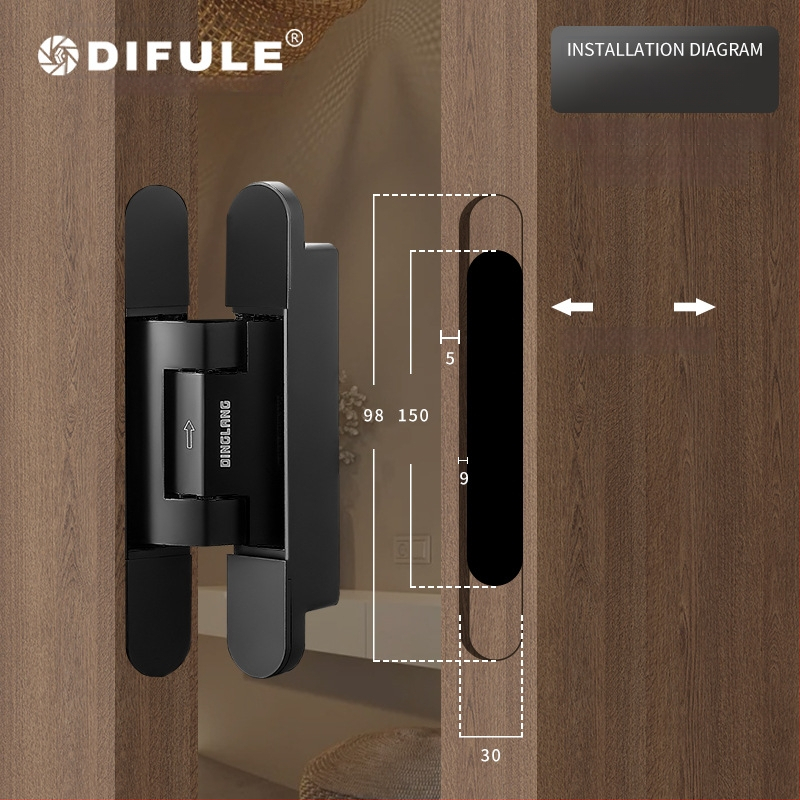 Samozatvárajúca skrytá pánt pre drevené dvere, zliatina zinku, nosnosť 80 kg, otvorenie ľavé alebo pravé, model DFL-L099V.