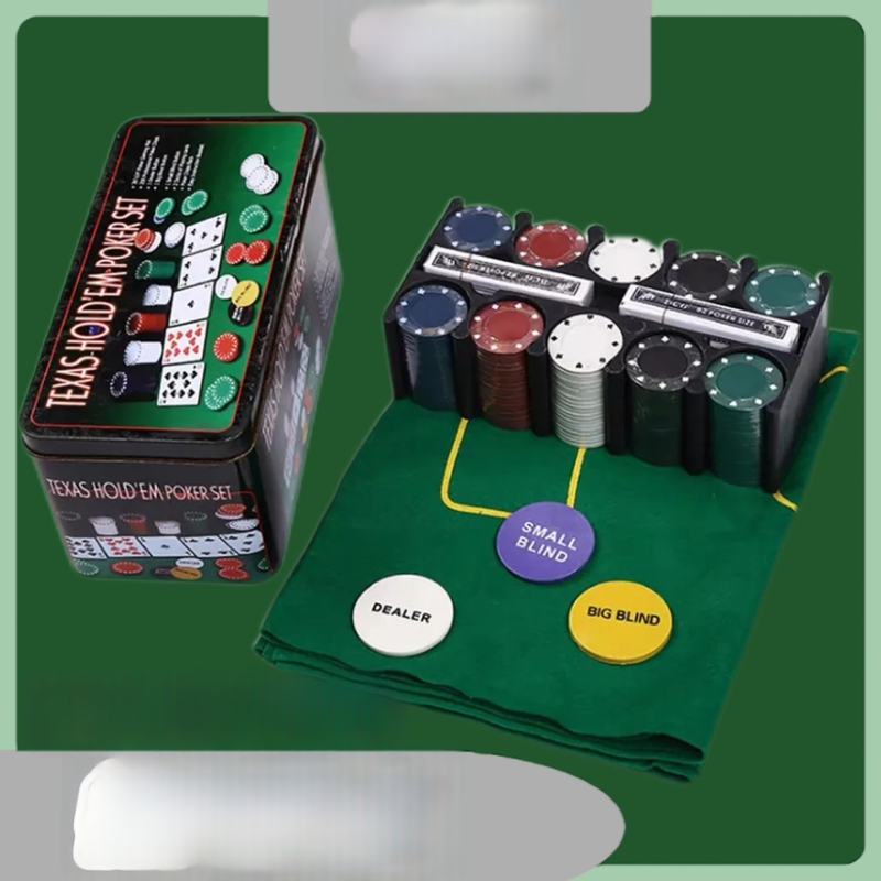 Texas Hold'em pokera žetonu komplekts ar 200 žetoniem, galda lakats, dileri taustiņš un metāla kārba iepakojumā