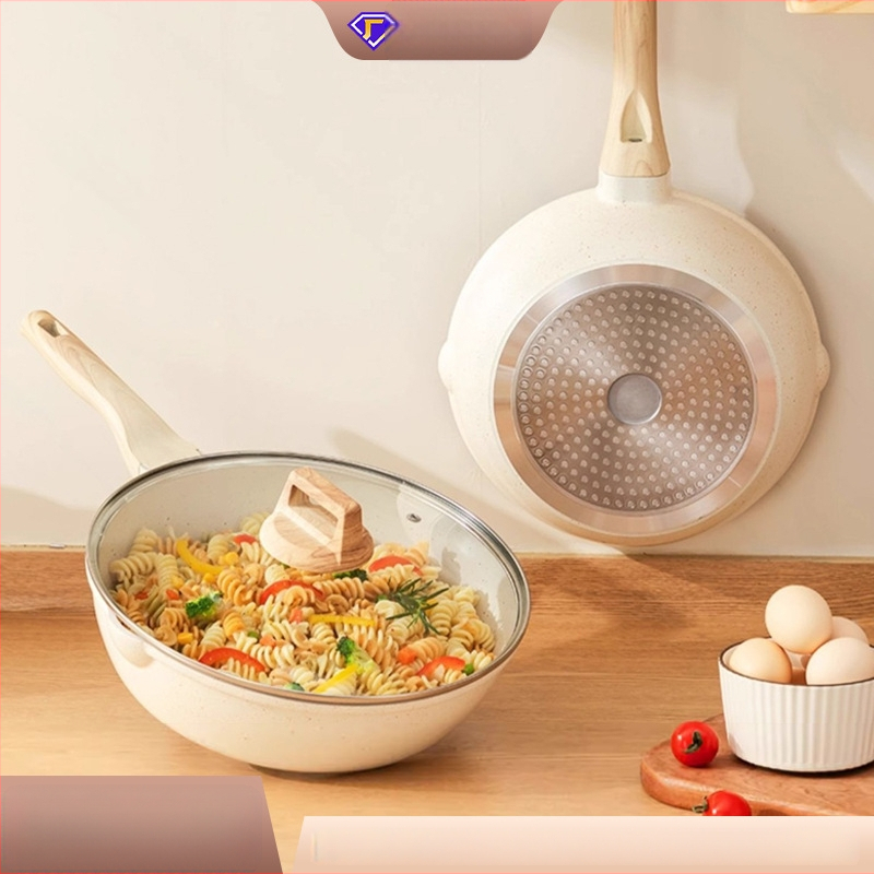 Wok z hliníkovej zliatiny s Maifan kameňovým spodkom, ploché dno, nepriľnavý povrch, veko z tvrdeného skla, kompatibilný s indukčnou a plynovou varnou doskou (MJ-XCG101)