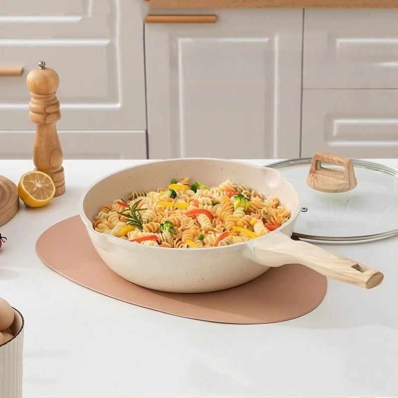 Wok z hliníkovej zliatiny s Maifan kameňovým spodkom, ploché dno, nepriľnavý povrch, veko z tvrdeného skla, kompatibilný s indukčnou a plynovou varnou doskou (MJ-XCG101)