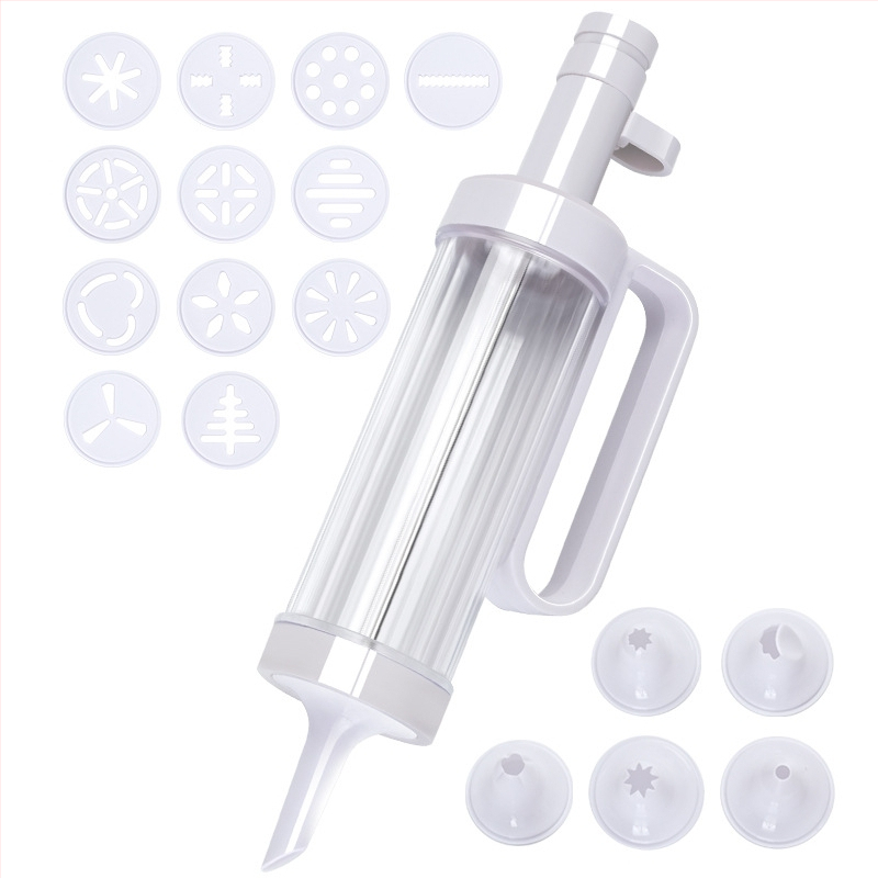 Dekorēšanas pistoles komplekts cepumiem un sīkdatnēm, uzgaļi un maisiņš, PS+PP materiāls, pilns cepšanas dekorācijas komplekts