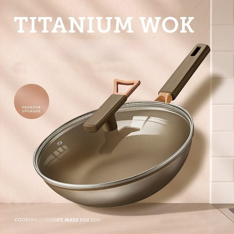 Nerezová oceľ wok s titanovým povlakom, nepriľnavé, sklenená pokrievka, jednovrstvový spodok, hĺbka 9 cm