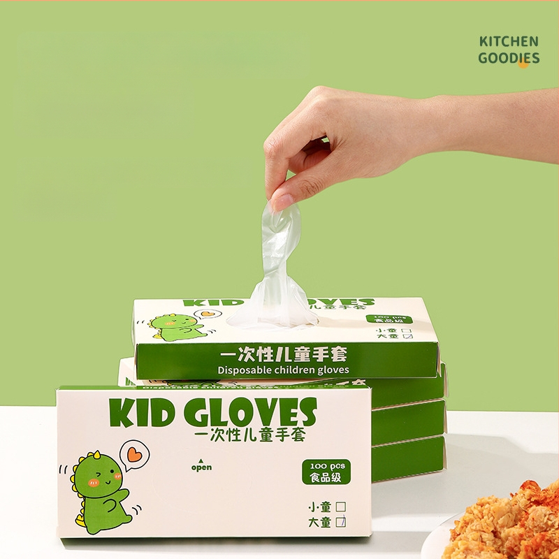 Detské jednorazové TPE rukavice, potravinovej kvality, hrubé, protišmykové, odolné voči olejom; plastový materiál, priehľadný vzor, hrúbka 1, prachotesná ochrana