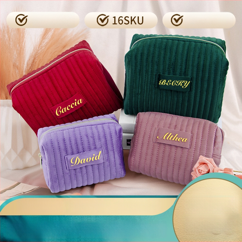 Zamatová kozmetická taška s vyšitými pruhmi – 3D, odolná voči deformácii, priedušná podšívka z polyesteru