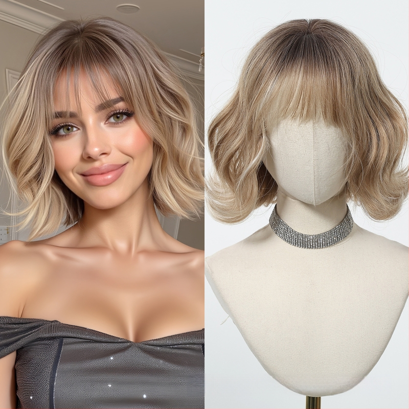 Parochňa, krátky kučeravý bob, kórejský štýl, ofina, hodvábne vlákno, model SWLC1238-6BR10