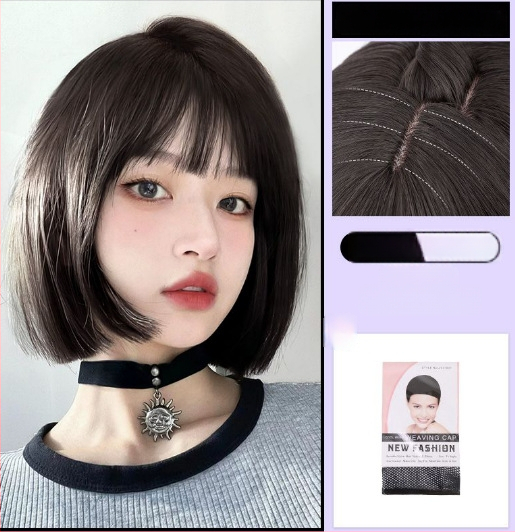 Parochňa pre ženy, krátka rovná ofina, prirodzený vzhľad na každodenné nosenie, vlasy z vysokotepelného hodvábia, strojovo vyrobená, univerzálny typ, nie je fariteľná