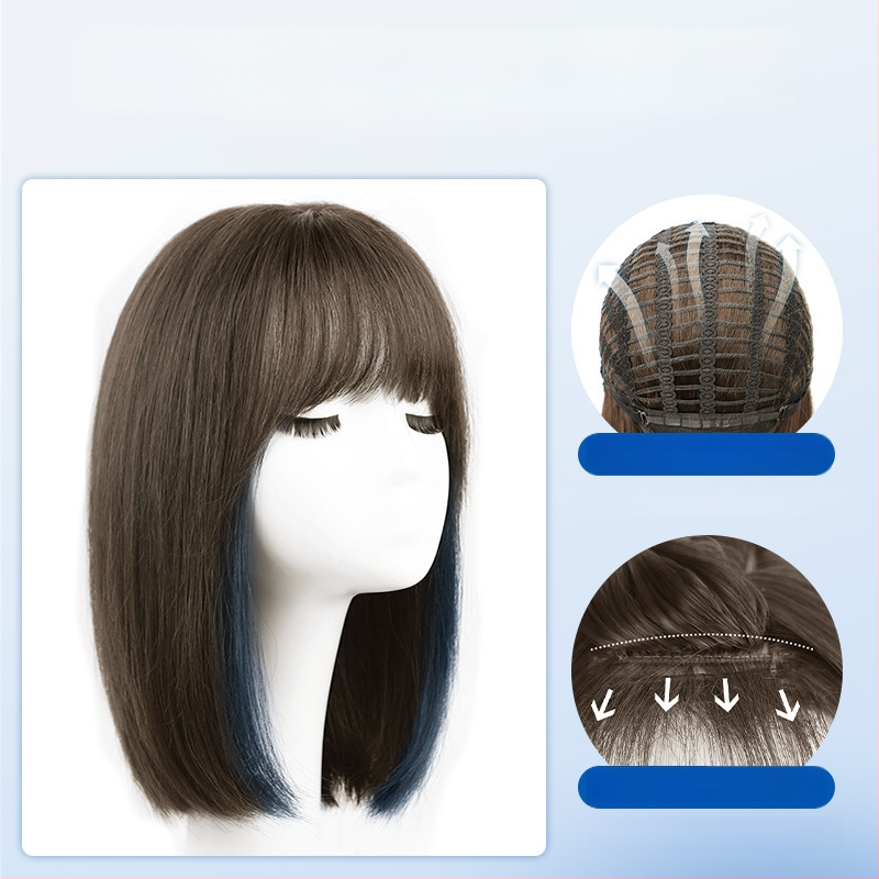 Parochňa pre ženy, krátka rovná ofina, prirodzený vzhľad na každodenné nosenie, vlasy z vysokotepelného hodvábia, strojovo vyrobená, univerzálny typ, nie je fariteľná