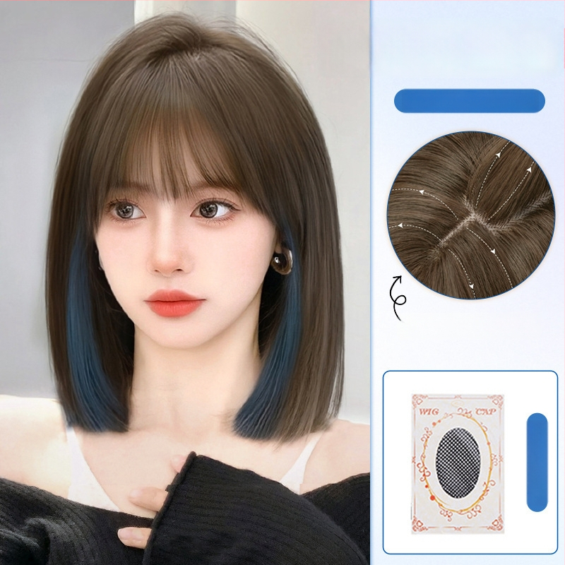 Parochňa pre ženy, krátka rovná ofina, prirodzený vzhľad na každodenné nosenie, vlasy z vysokotepelného hodvábia, strojovo vyrobená, univerzálny typ, nie je fariteľná