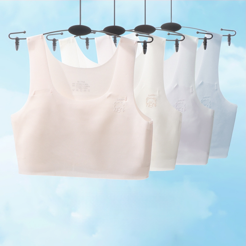 Bezšvový dievčenský podprsenka v štýle vesty, s plnými košíkmi; ultra tenké tvarované košíčky; hlavná látka nylon/spandex 50–70%; podšívka Mulberry hodváb (<30%); nastaviteľné dvojité ramienka; priedušný, tvarovanie chrbta, absorbuje pot, pohodlný