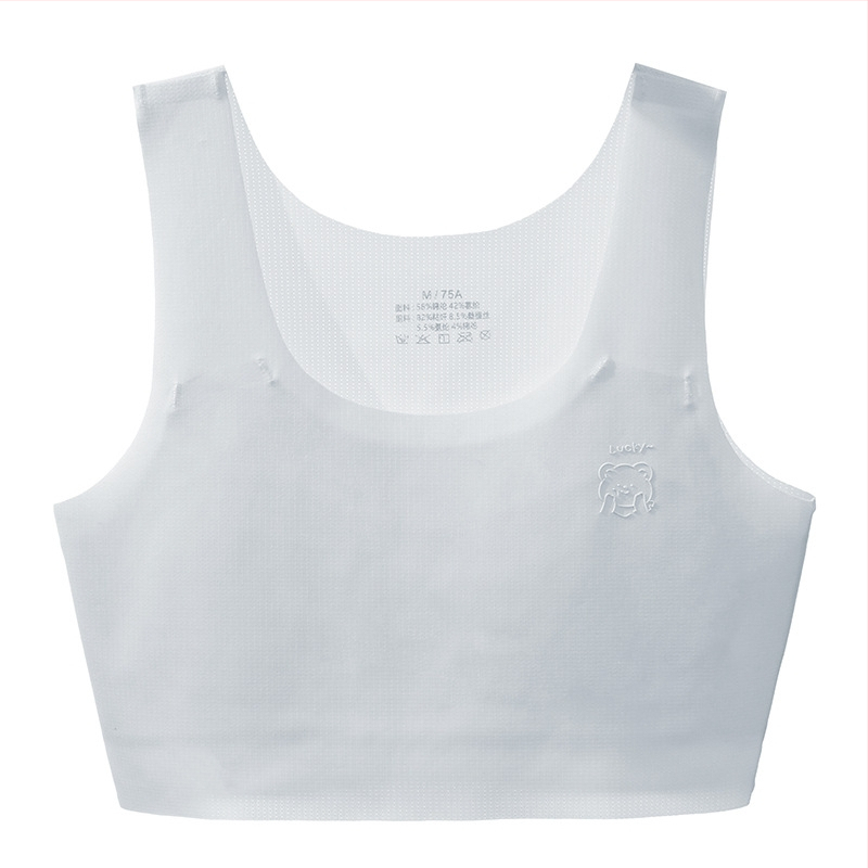 Bezšvový dievčenský podprsenka v štýle vesty, s plnými košíkmi; ultra tenké tvarované košíčky; hlavná látka nylon/spandex 50–70%; podšívka Mulberry hodváb (<30%); nastaviteľné dvojité ramienka; priedušný, tvarovanie chrbta, absorbuje pot, pohodlný