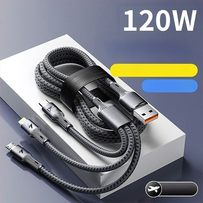 4-in-1 greito įkrovimo duomenų kabelis su USB-C, Lightning, Micro USB ir Mini USB jungtimis; pynėtas kabelis, iki 66W