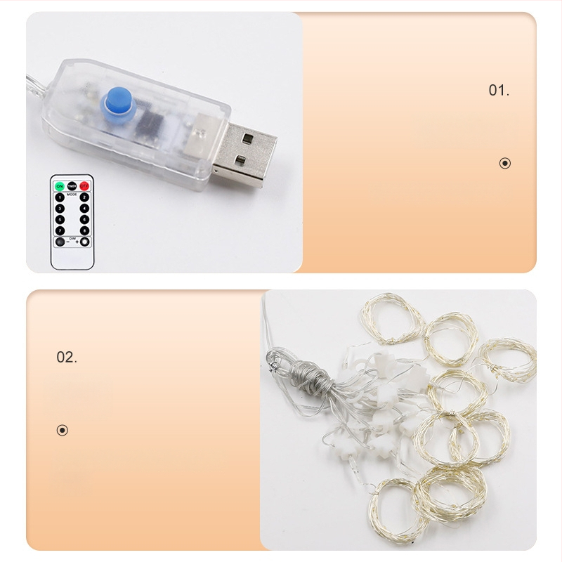 LED závesné svetlo s 100 LED, USB napájanie, diaľkové ovládanie, IP44 vodotesné, 6W