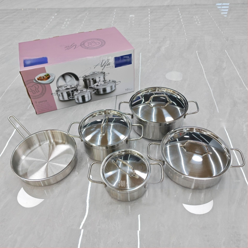 9-dielna sada riadu z nehrdzavejúcej ocele 201, s viacvrstvovým dnom, nepriľnavým povlakom, vhodná pre indukciu