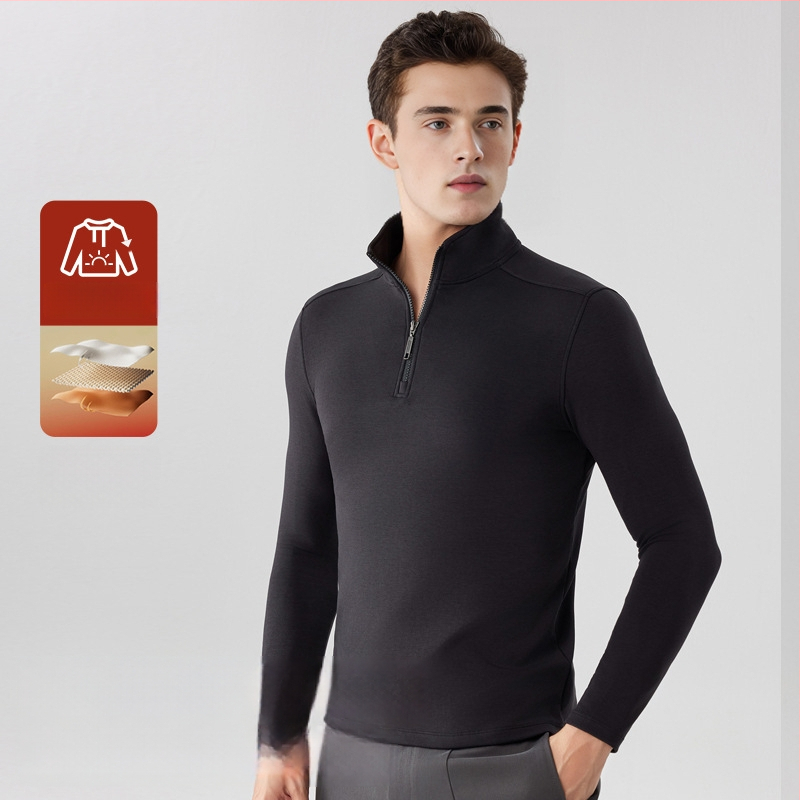 Pánske svetre s čiastočným zipsom a stojacim golierom – Lyocell 28,6% zmes, úzky strih, bočné vrecká