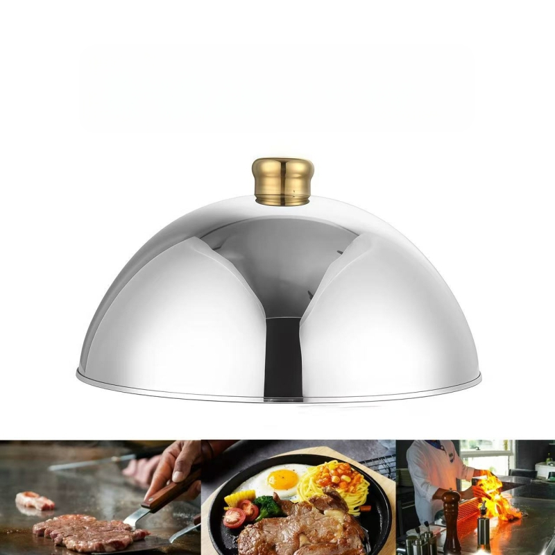 Nerezový poklop na steaky a teppanyaki — Viacúčelový kryt pre dim sum a západné jedlá (Pôvod: Chaozhou; Značka: Food from all lakes; Materiál: Nerezová oceľ; Štýl: Ľahký luxus; Kvalita: Prvotriedny)